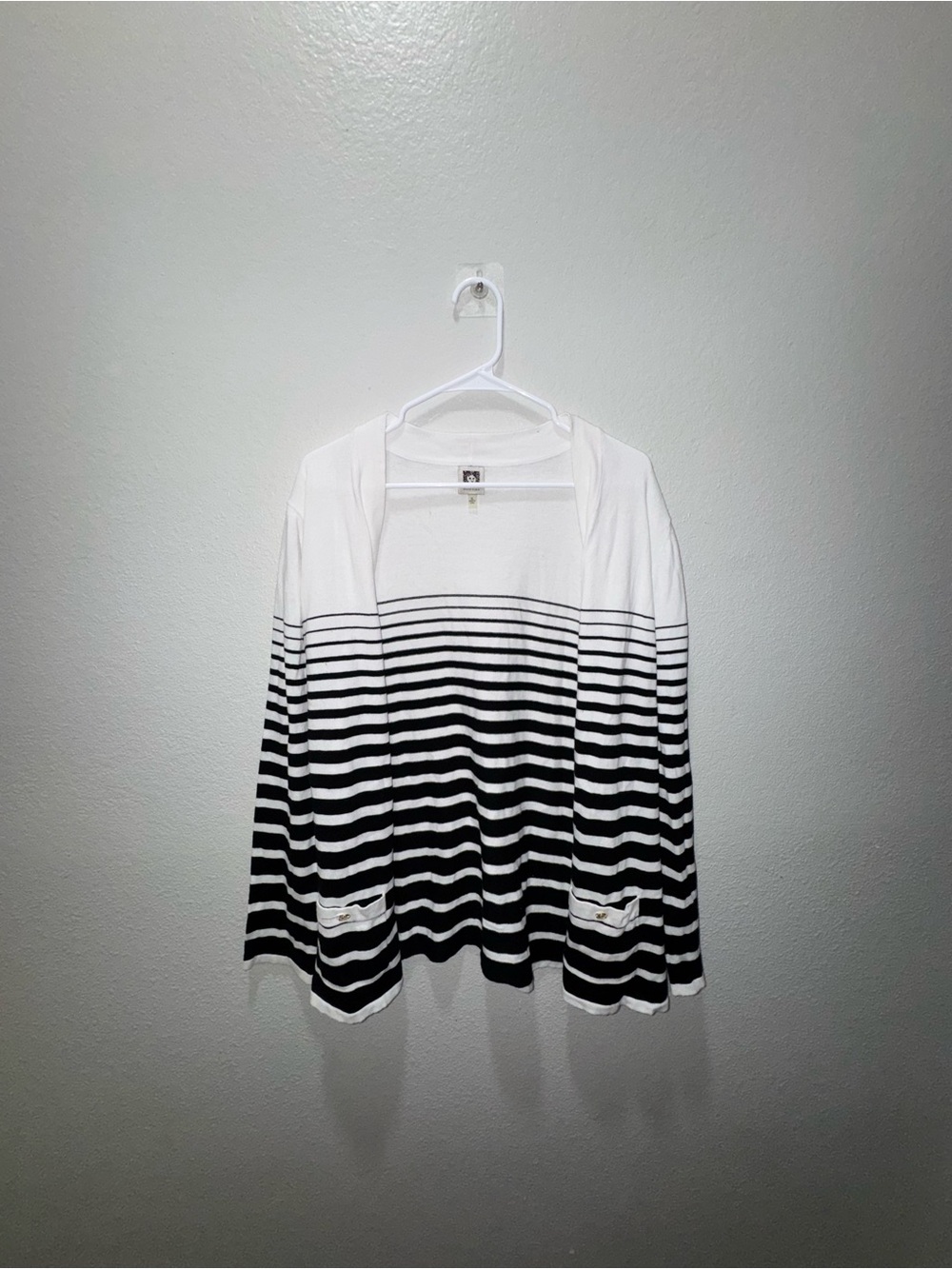 Anne Klein Black and White Striped Open-Front Sweater